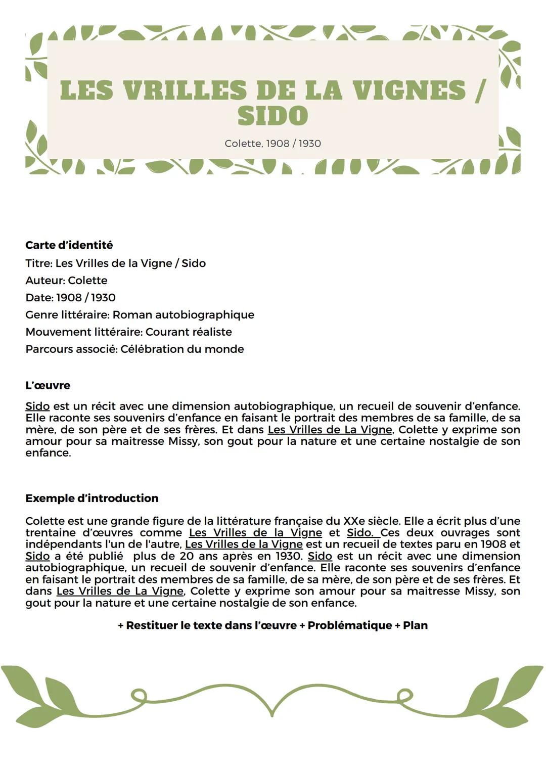 LES VRILLES DE LA VIGNES /
SIDO
Colette, 1908/1930
Carte d'identité
Titre: Les Vrilles de la Vigne / Sido
Auteur: Colette
Date: 1908/1930
Ge