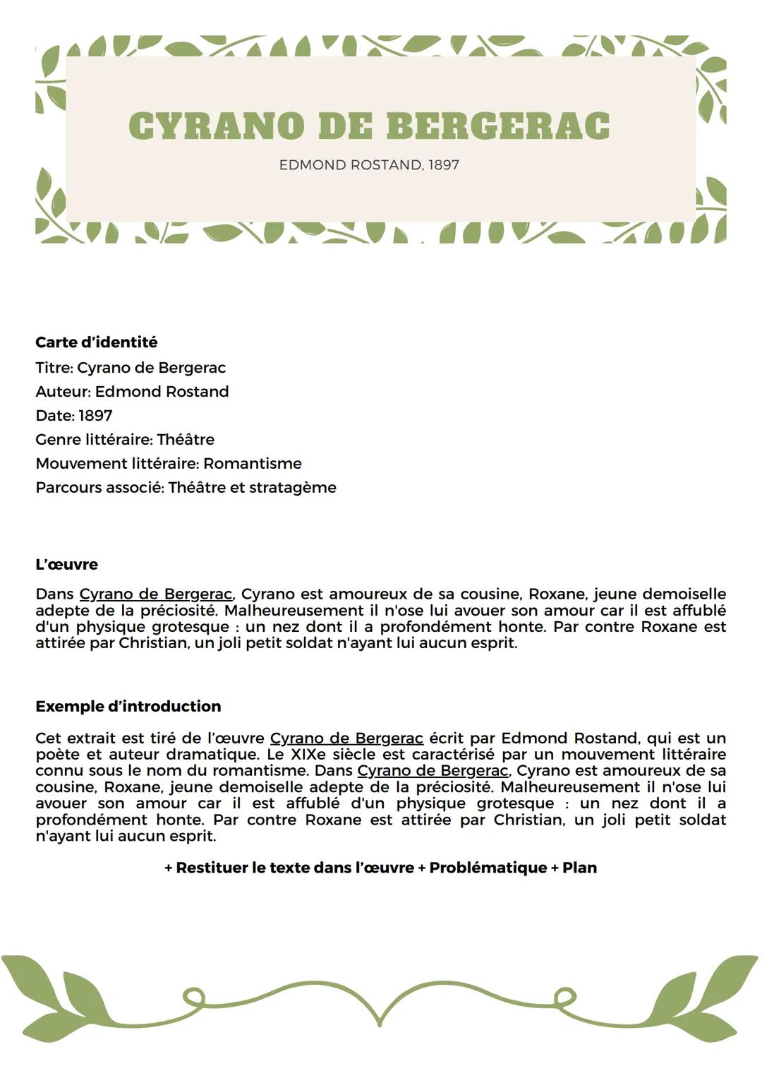 CYRANO DE BERGERAC
EDMOND ROSTAND, 1897
Carte d'identité
Titre: Cyrano de Bergerac
Auteur: Edmond Rostand
Date: 1897
Genre littéraire: Théât