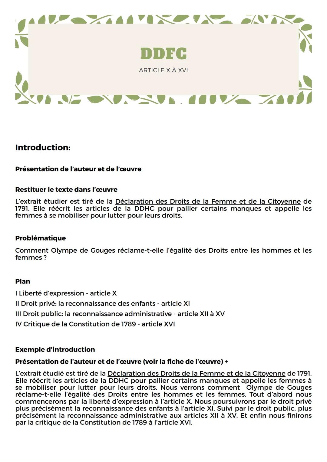Introduction:
Présentation de l'auteur et de l'œuvre
DDFC
ARTICLE X À XVI
Restituer le texte dans l'œuvre
L'extrait étudier est tiré de la D