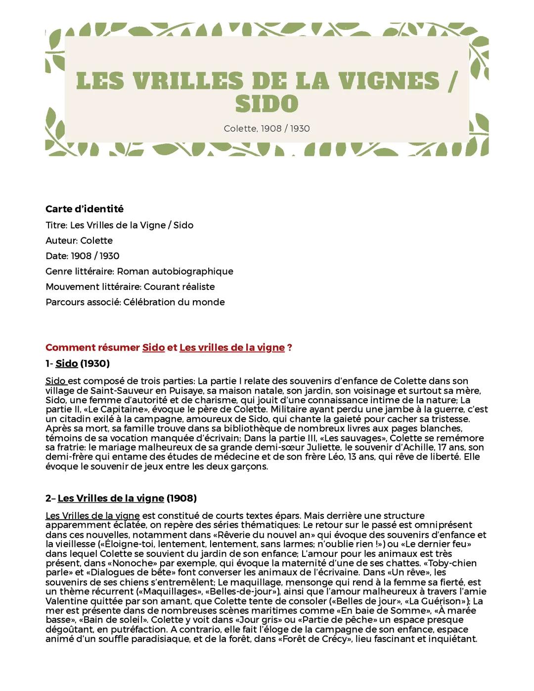 Dissertation: Les Vrilles de la Vigne et Sido, Colette
