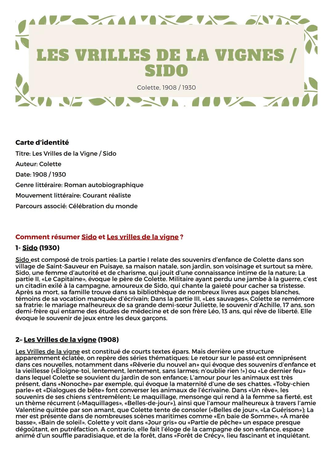 LES VRILLES DE LA VIGNES /
SIDO
Colette, 1908/1930
Carte d'identité
Titre: Les Vrilles de la Vigne / Sido
Auteur: Colette
Date: 1908/1930
Ge