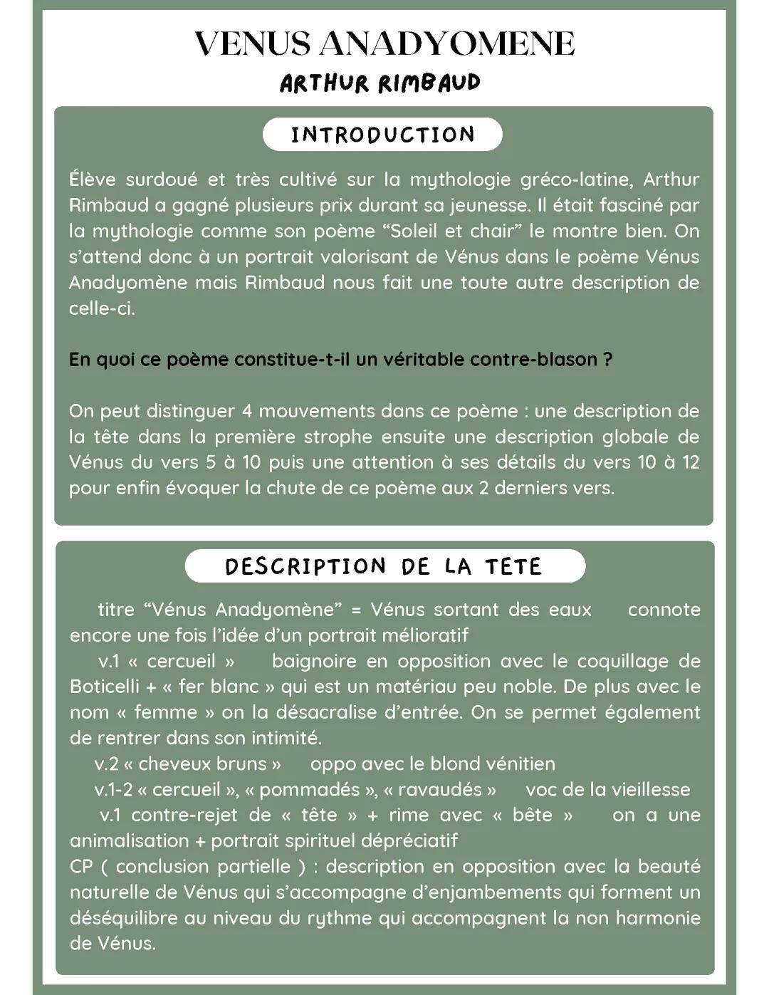 Venus anadyomene, Arthur Rimbaud - lecture lineaire