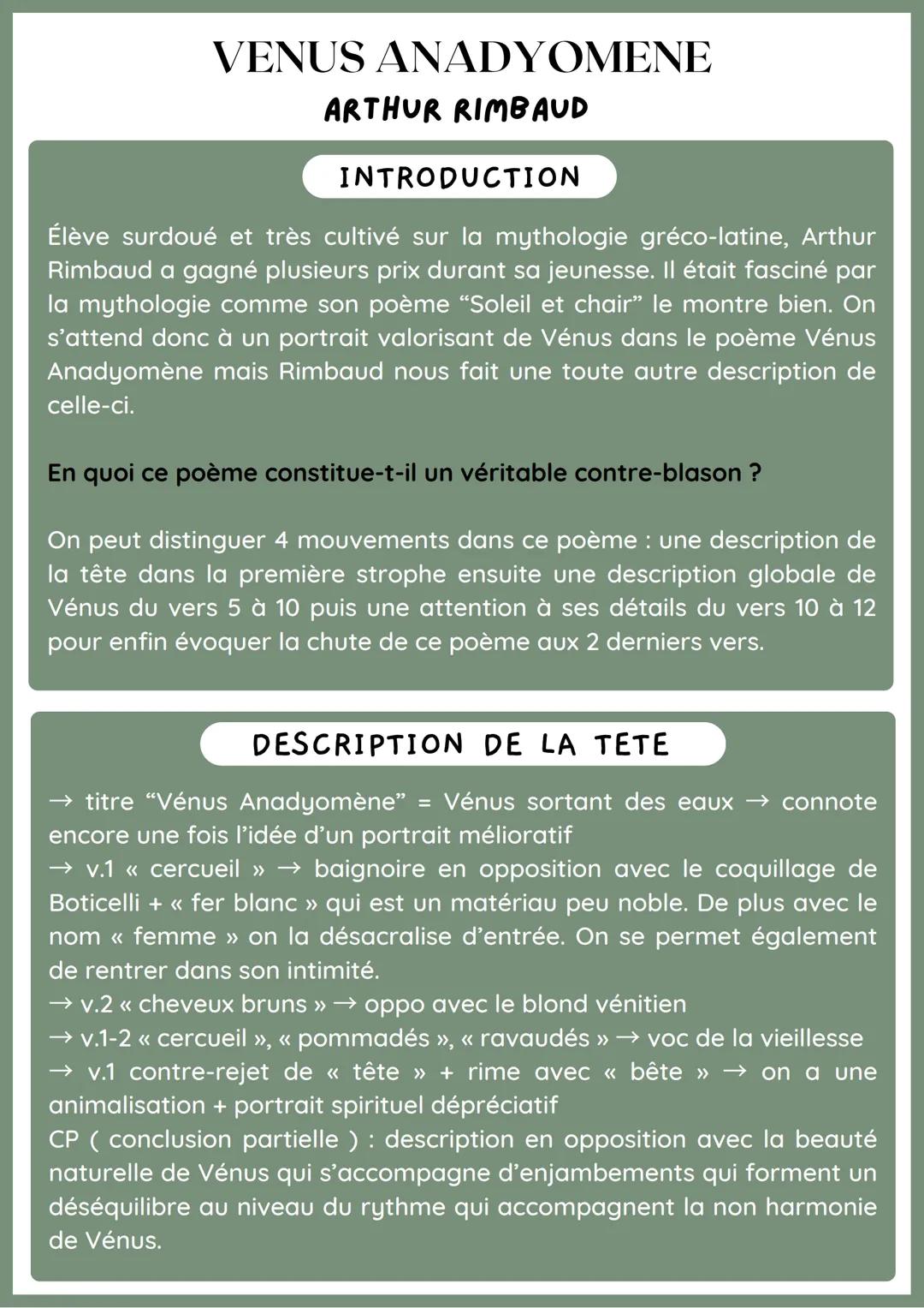 VENUS ANADYOMENE
ARTHUR RIMBAUD
INTRODUCTION
Élève surdoué et très cultivé sur la mythologie gréco-latine, Arthur
Rimbaud a gagné plusieurs