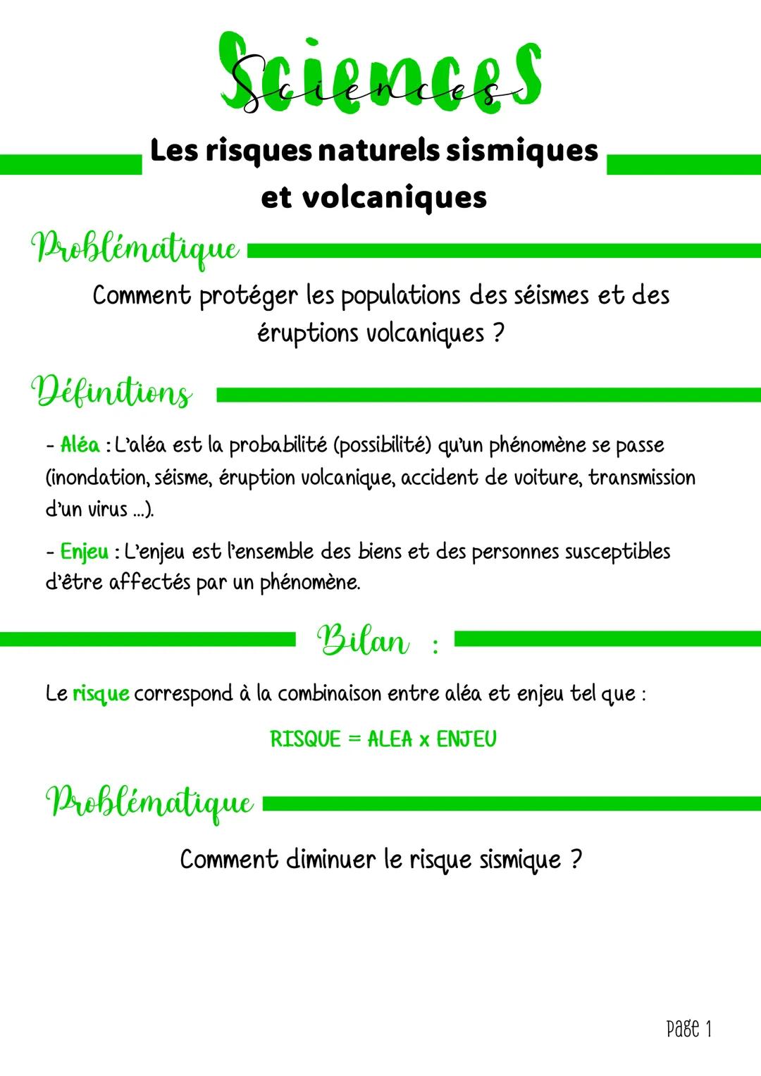# Sciences
Les risques naturels sismiques
et volcaniques
Problématique
Comment protéger les populations des séismes et des
éruptions volc