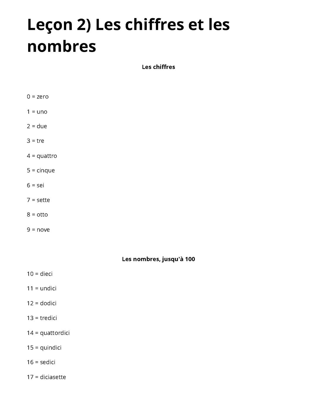 Leçon 2) Les chiffres et les nombres