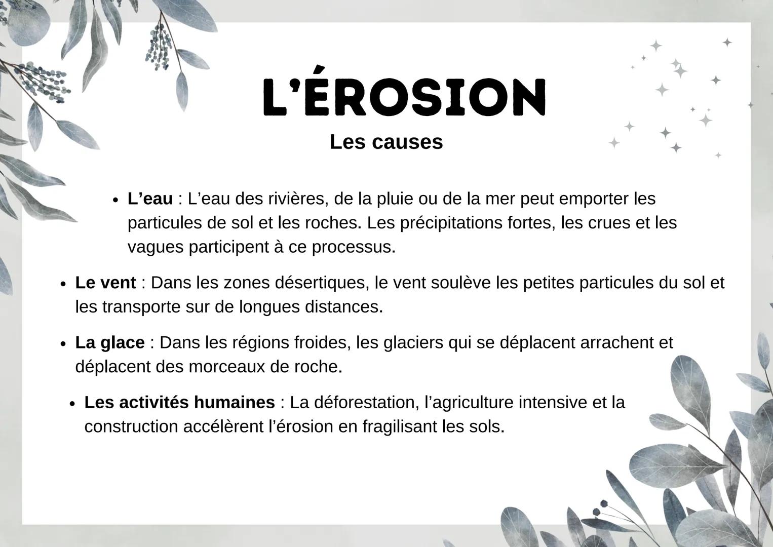 L'ÉROSION
Définition : l'érosion est un phénomène naturel qui désigne
l'usure et le transport des sols, des roches et des matériaux
de la su