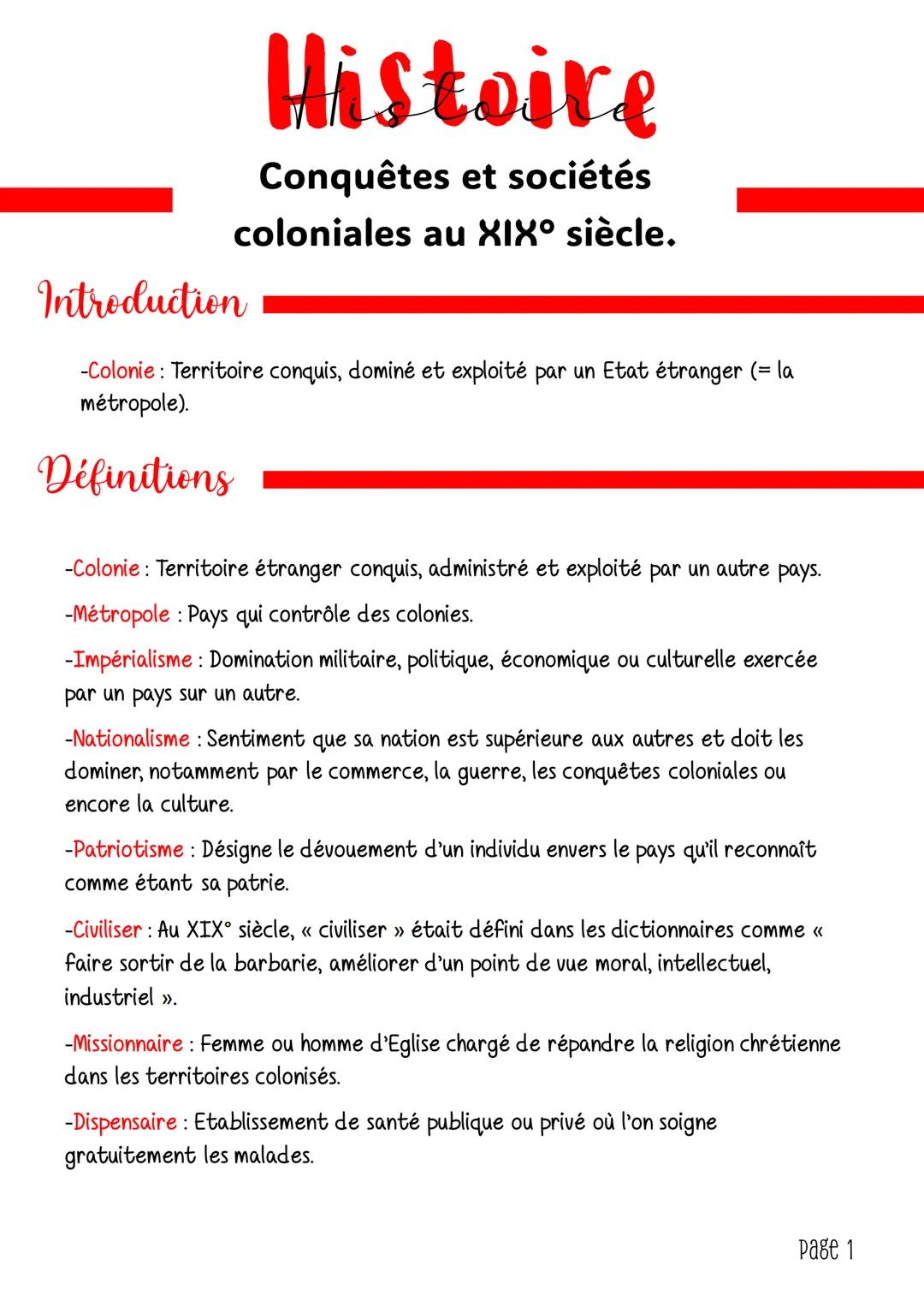 Introduction
Histoire
Conquêtes et sociétés
coloniales au XIX° siècle.
-Colonie: Territoire conquis, dominé et exploité par un Etat étranger