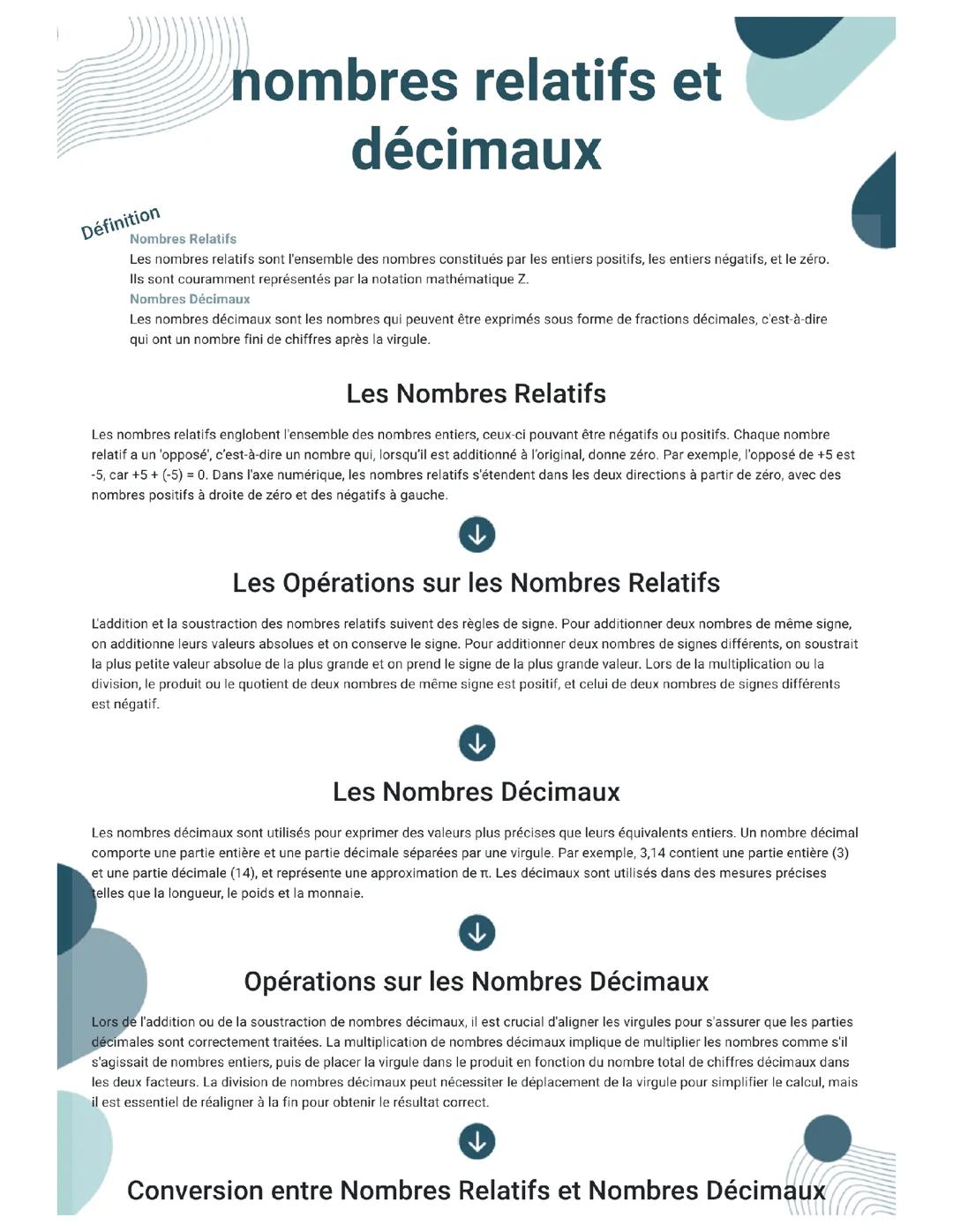 Les nombres relatifs et décimaux