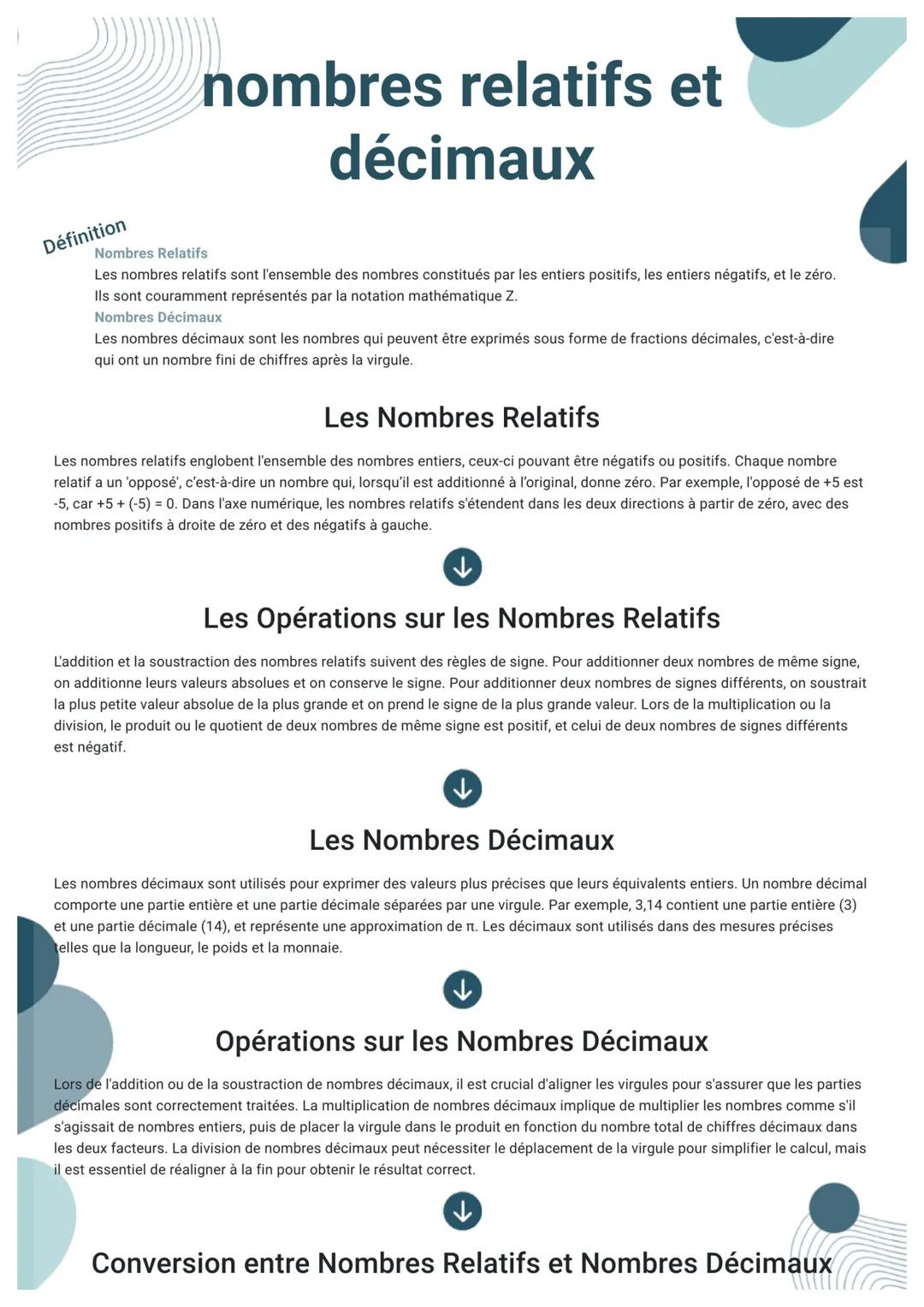 nombres relatifs et
décimaux
Définition
Nombres Relatifs
Les nombres relatifs sont l'ensemble des nombres constitués par les entiers positif