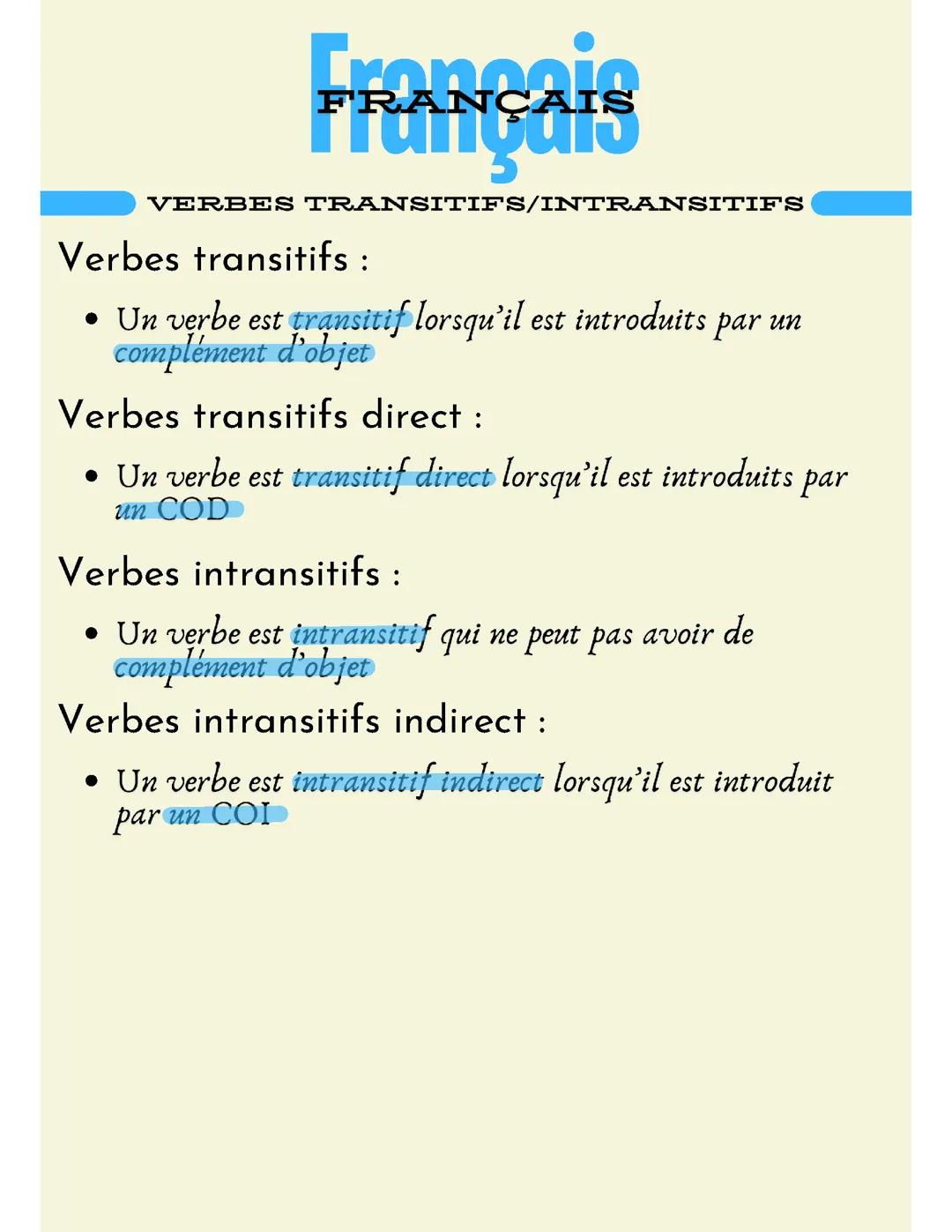 Français : verbes transitifs/intransitifs
