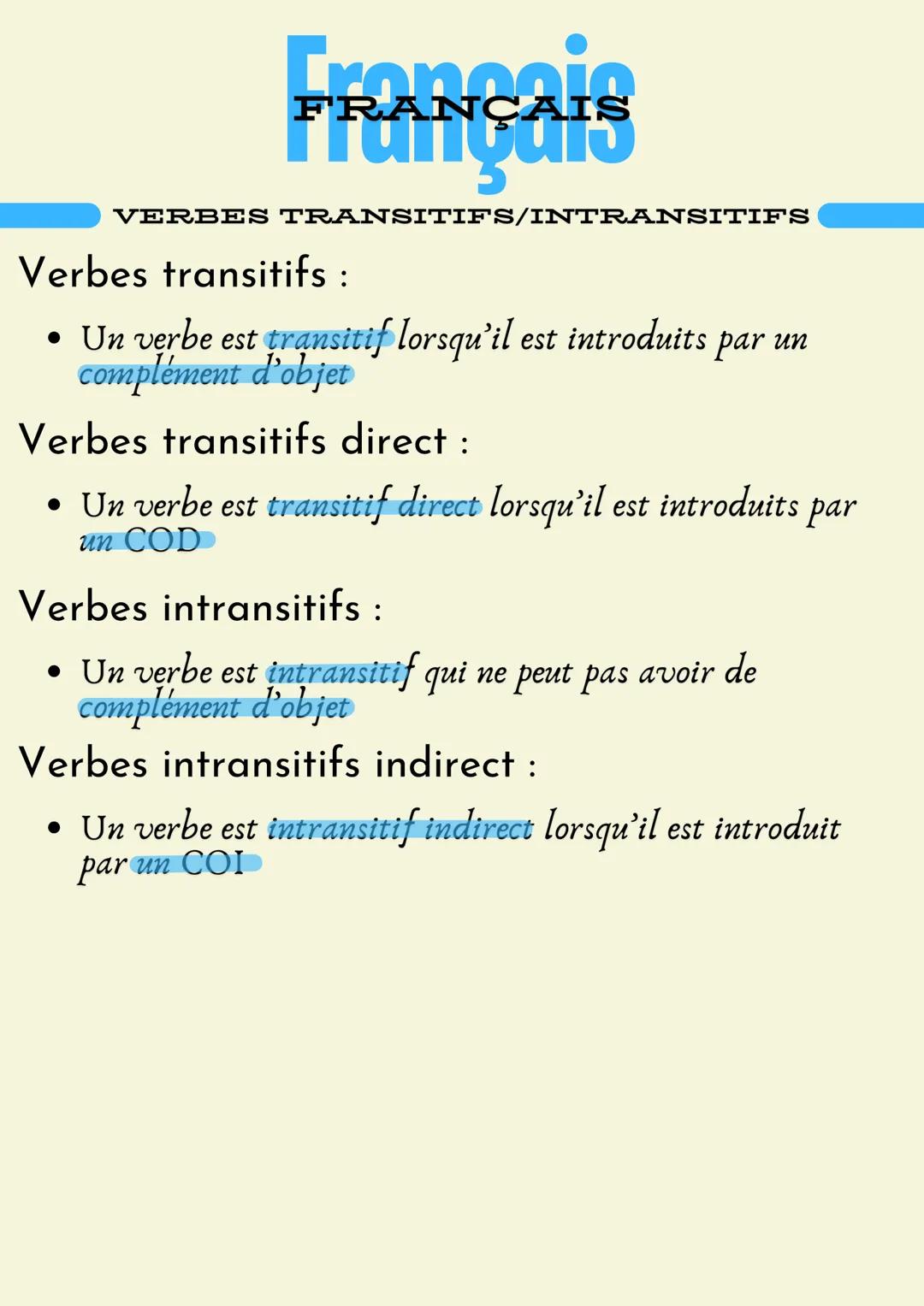 FRANÇAIS
VERBES TRANSITIFS/INTRANSITIFS
Verbes transitifs :
• Un verbe est transitif lorsqu'il est introduits par un
complément d'objet
Verb