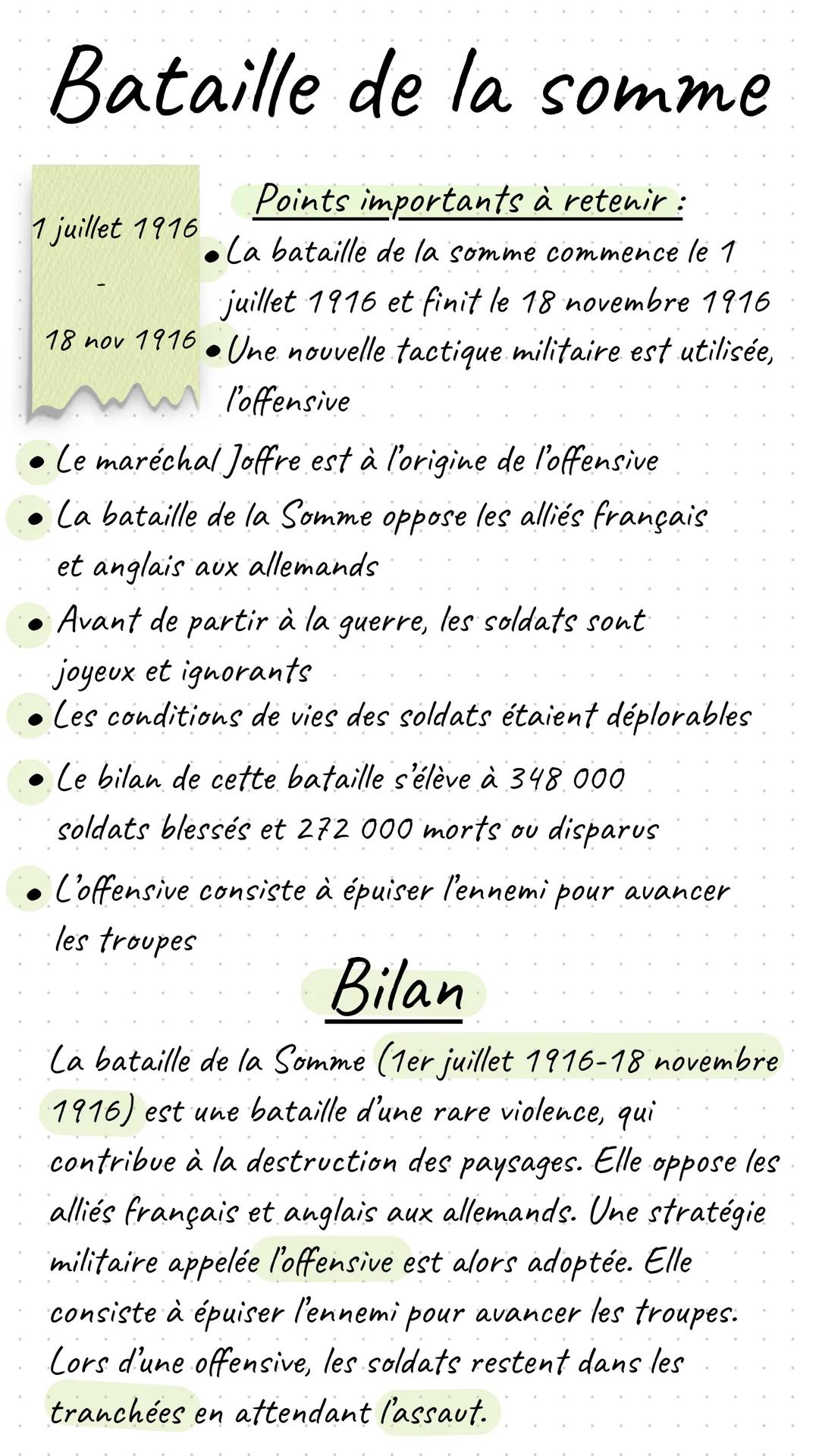 Bataille de la somme
1 juillet 1916
Points importants à retenir :
La bataille de la somme commence le 1
juillet 1916 et finit le 18 novembre