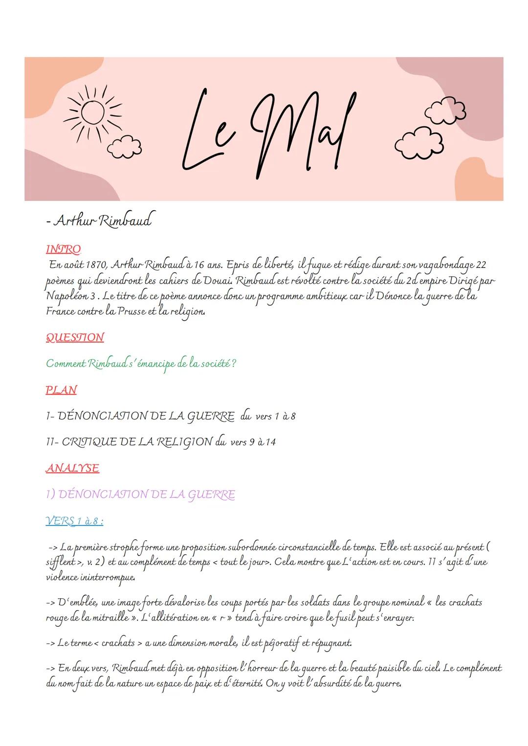 -Arthur Rimbaud
INTRO
Le Mal
22
En août 1870, Arthur Rimbaud à 16 ans. Epris de liberté, il fugue et rédige durant son vagabondage:
poèmes q