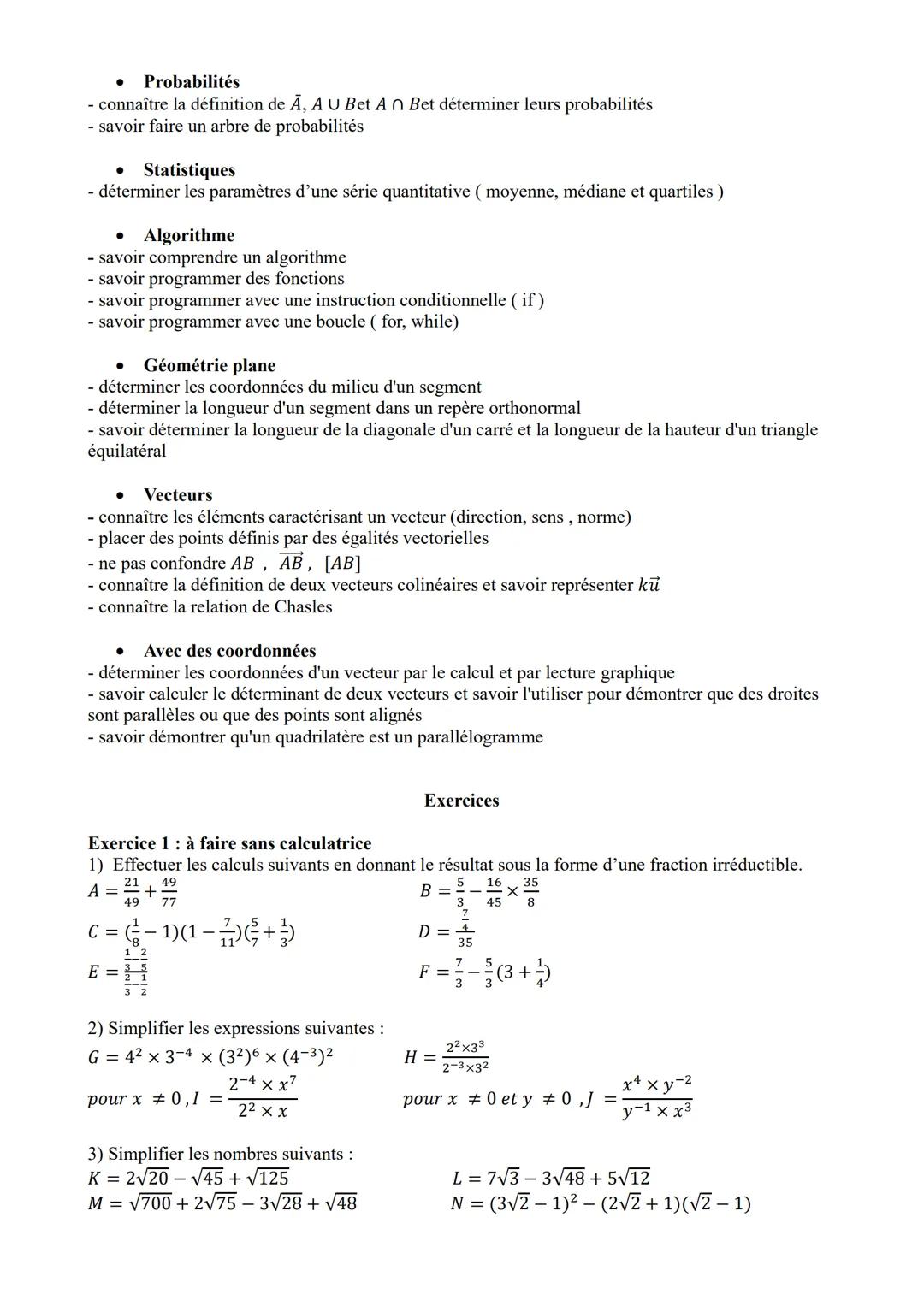 Essentiels du programme de seconde pour réussir
en spécialité mathématiques en première générale
•
Nombres et calculs numériques
- savoir ca