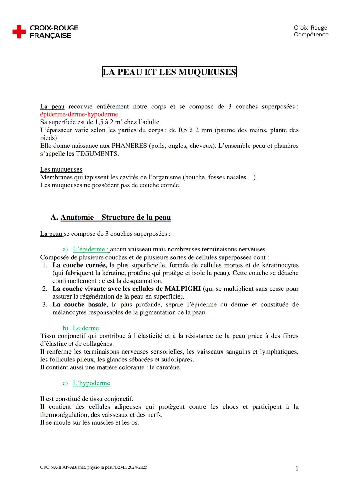# CROIX-ROUGE
FRANÇAISE
# LA PEAU ET LES MUQUEUSES
Croix-Rouge
Compétence
La peau recouvre entièrement notre corps et se compose de 3 cou