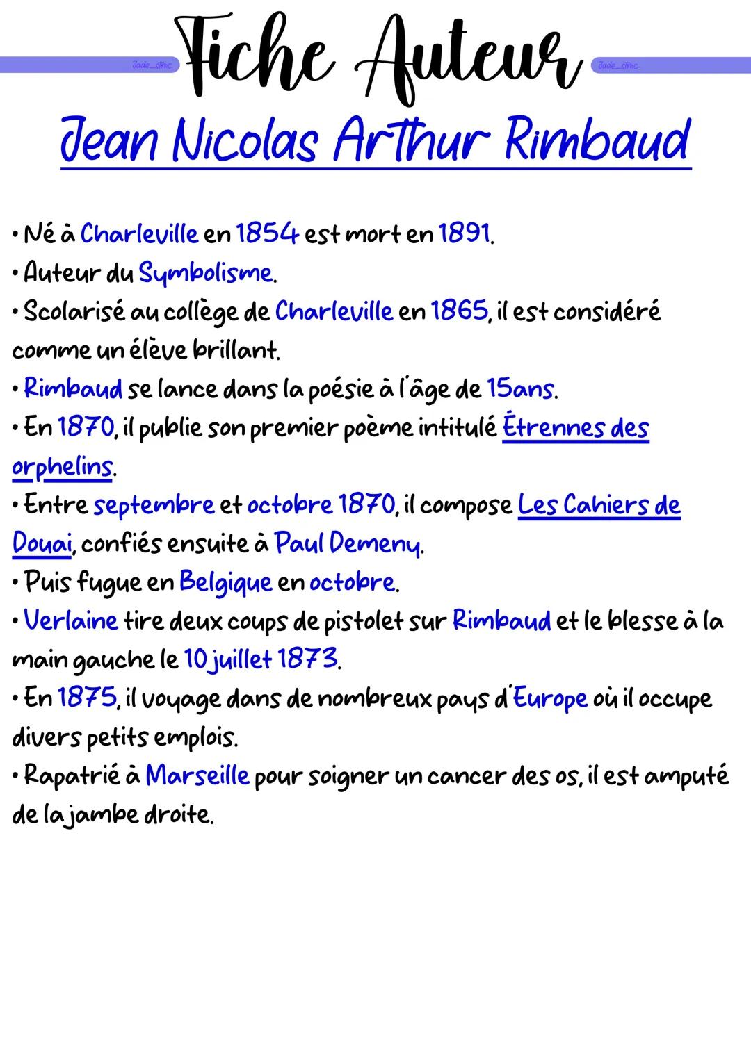 # Fiche Auteur
# Jean Nicolas Arthur Rimbaud
* Né à Charleville en 1854 est mort en 1891.
* Auteur du Symbolisme.
* Scolarisé au col