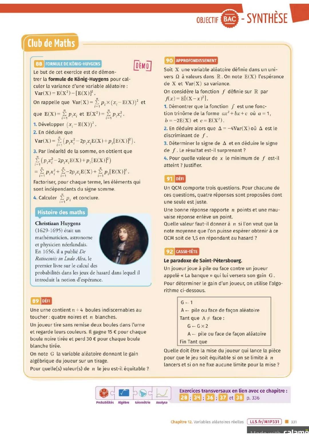 ENTRAÎNEMENT
Exercices FLASH
[DIFFERENCIATION
33 On lance simultanément deux pièces. Le joueur
gagne 2 € pour chaque pile obtenue et il perd