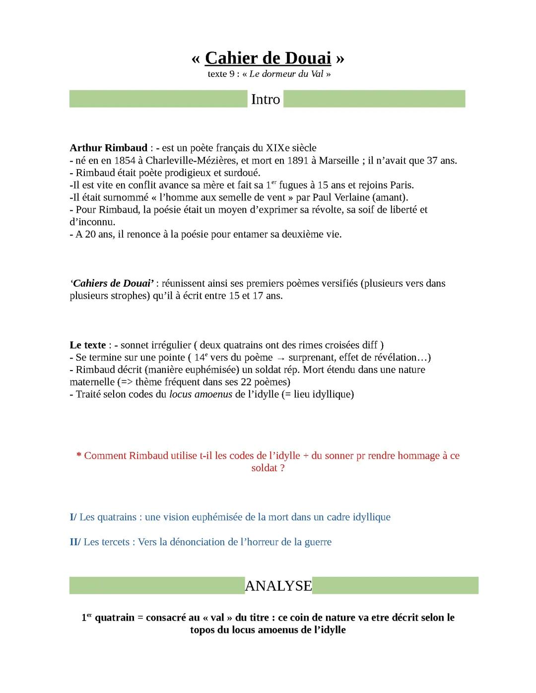 BAC DE FRANÇAIS : Les Cahiers de Douai, Rimbaud