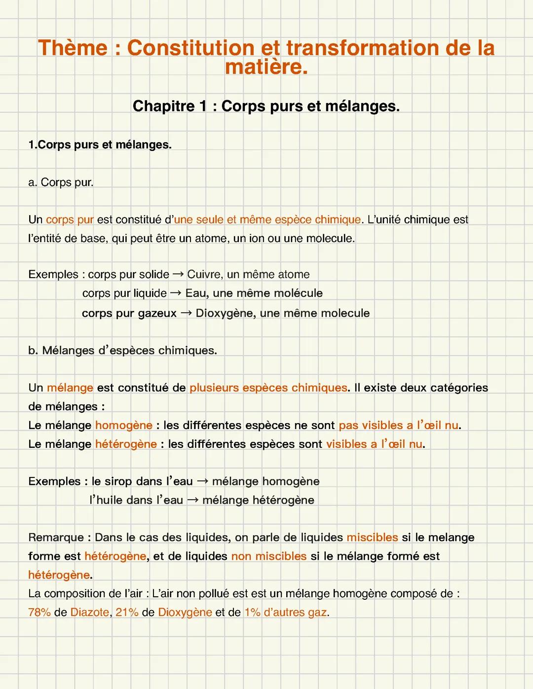 Cours sur les chapitre : corps purs et mélanges.