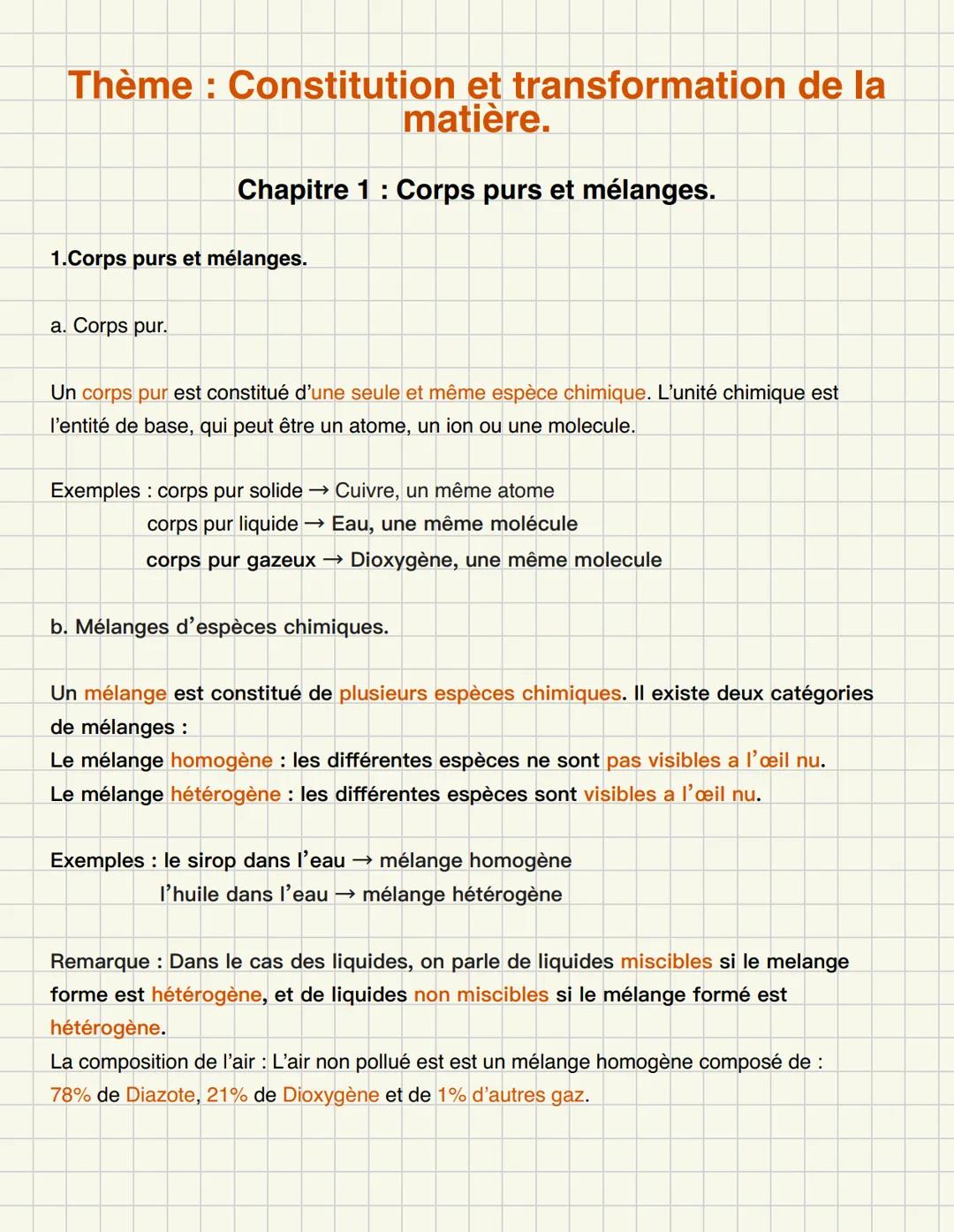 Thème: Constitution et transformation de la
matière.
Chapitre 1: Corps purs et mélanges.
1.Corps purs et mélanges.
a. Corps pur.
Un corps pu