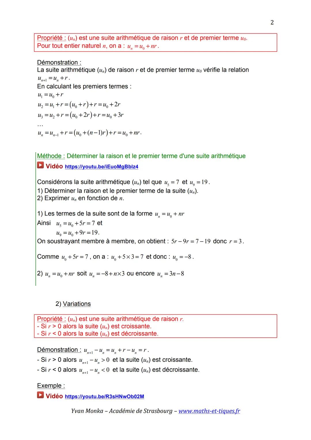SUITES ARITHMETIQUES
ET SUITES GEOMETRIQUES
▸ Vidéo https://youtu.be/pHq60CIOYIU
I. Suites arithmétiques
1) Définition
Exemple :
Considérons