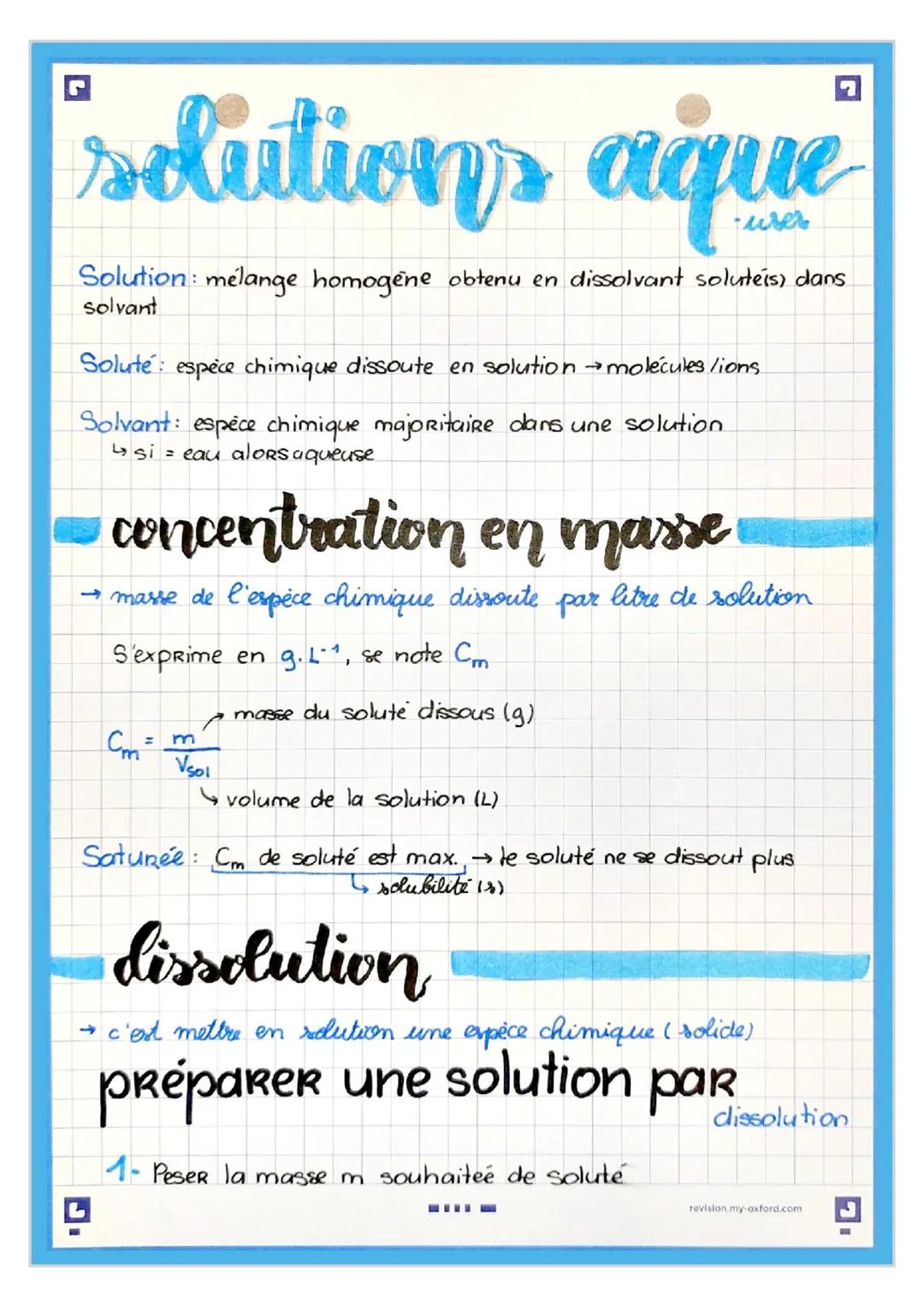 # solutions aque
Solution: mélange homogène obtenu en dissolvant soluteis) dans
solvant
Solute: espèce chimique dissoute en solution moléc