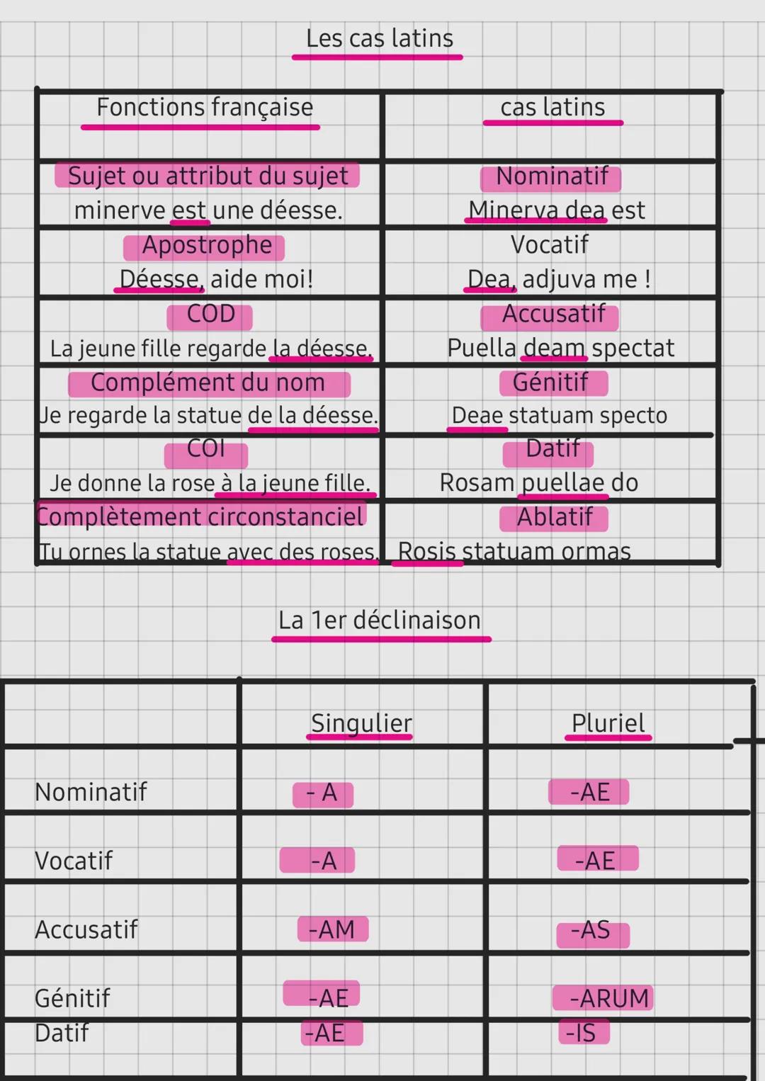 Fonctions française
Les cas latins
Sujet ou attribut du sujet
minerve est une déesse.
Apostrophe
Déesse, aide moi!
COD
La jeune fille regard