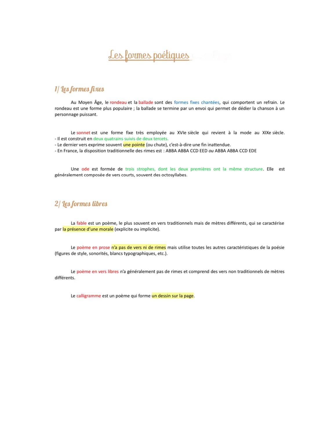 Les formes poétiques
1/ Les formes fixes
Au Moyen Âge, le rondeau et la ballade sont des formes fixes chantées, qui comportent un refrain. L