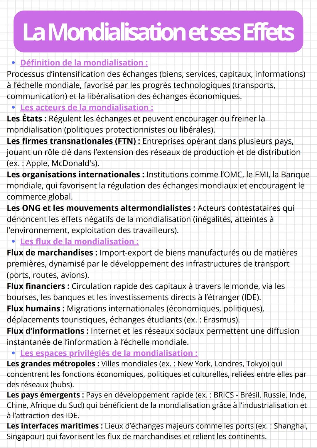 # La Mondialisation et ses Effets
• Définition de la mondialisation:
Processus d'intensification des échanges (biens, services, capitaux, i