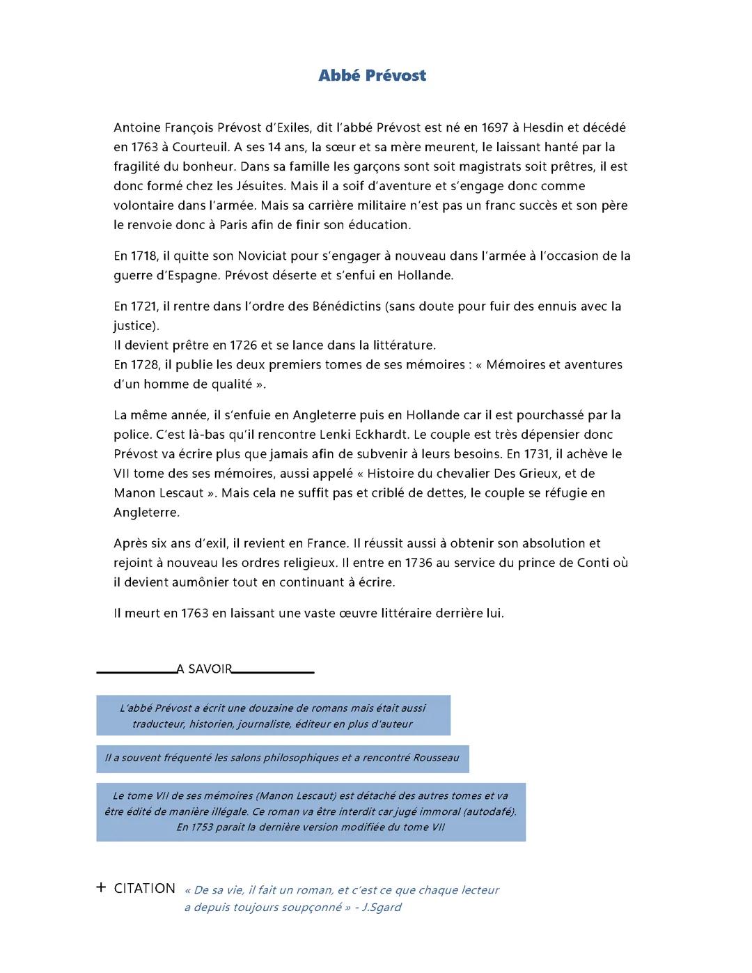 fiche Abbé Prévost