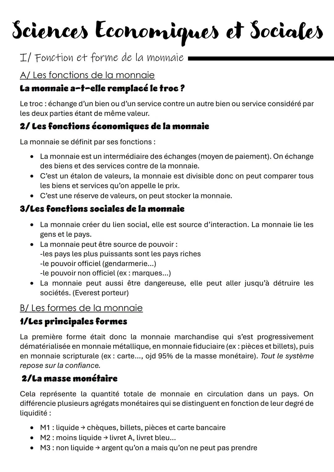 Sciences Economiques et Sociales
I/ Fonction et forme de la monnaie
A/ Les fonctions de la monnaie
La monnaie a-t-elle remplacé le troc ?
Le