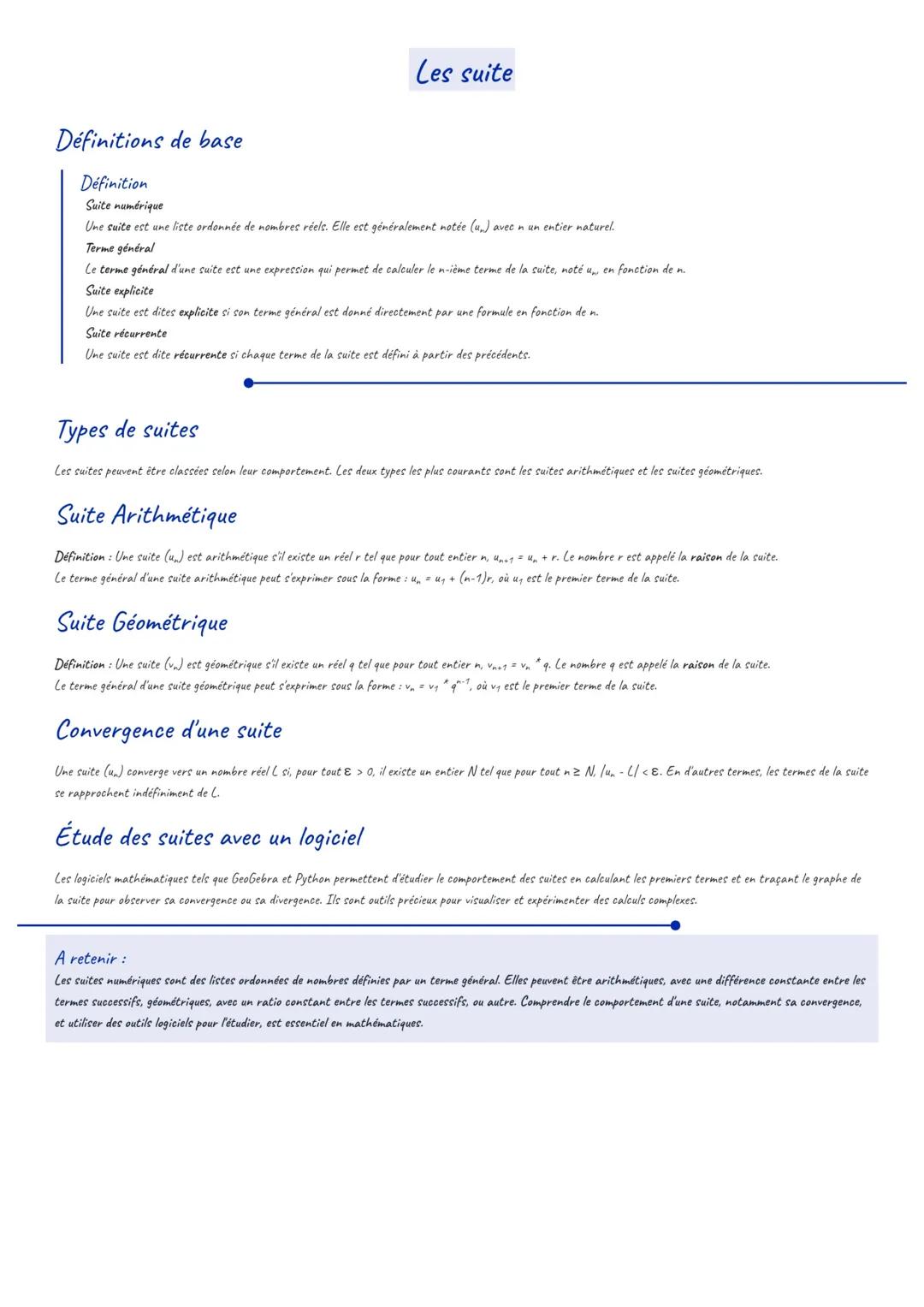 Les suite
Définitions de base
Définition
Suite numérique
Une suite est une liste ordonnée de nombres réels. Elle est généralement notée (u)