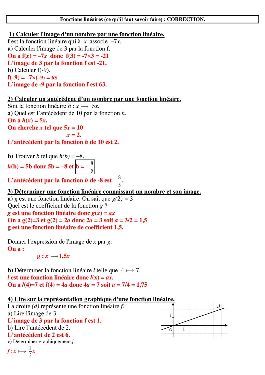Fonctions linéaires (ce qu'il faut savoir faire): CORRECTION.
1) Calculer l'image d'un nombre par une fonction linéaire.
f est la fonction