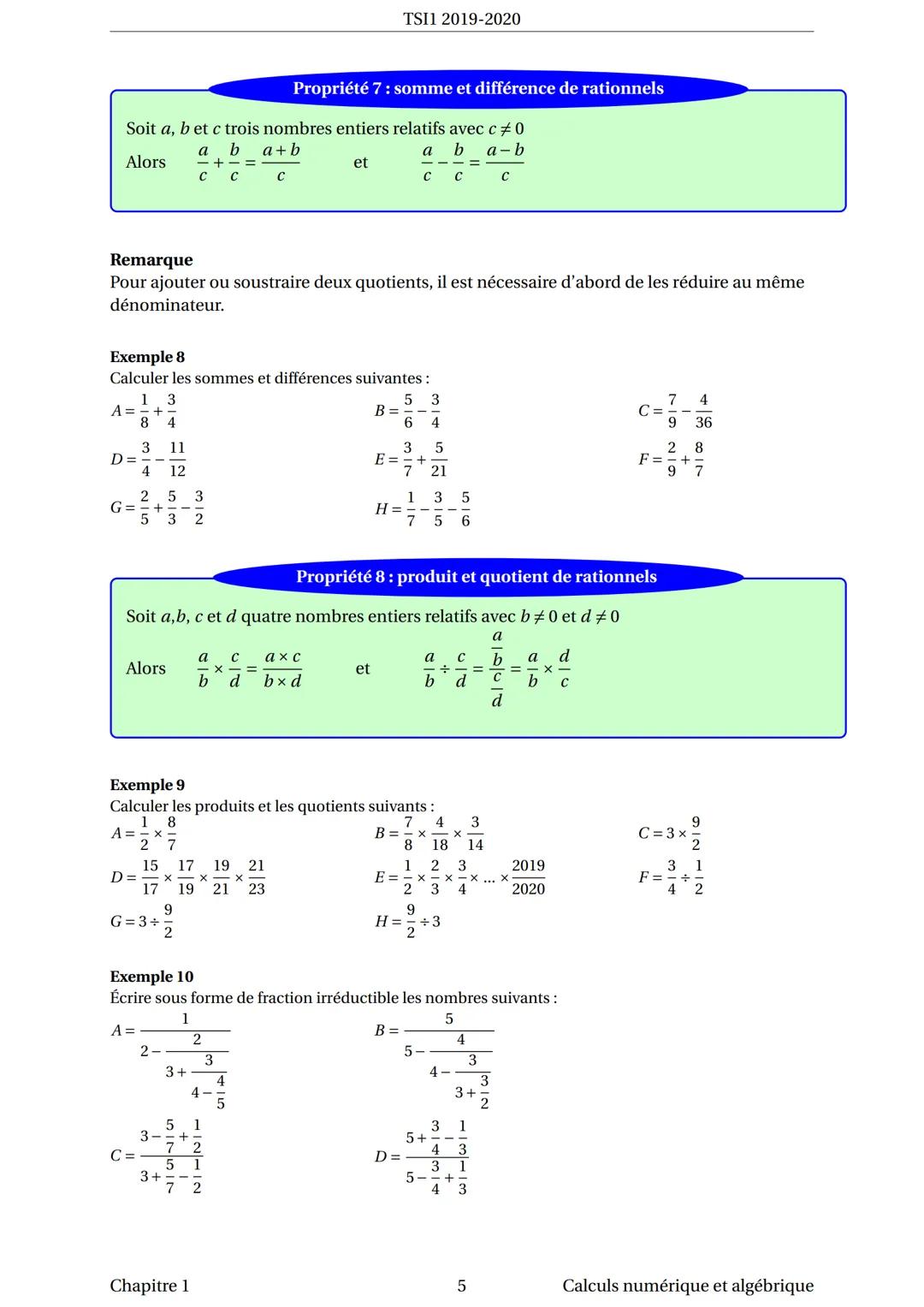 TSI1 2019-2020
Chapitre 1 : Calculs numérique et algébrique
1 Les ensembles de nombres