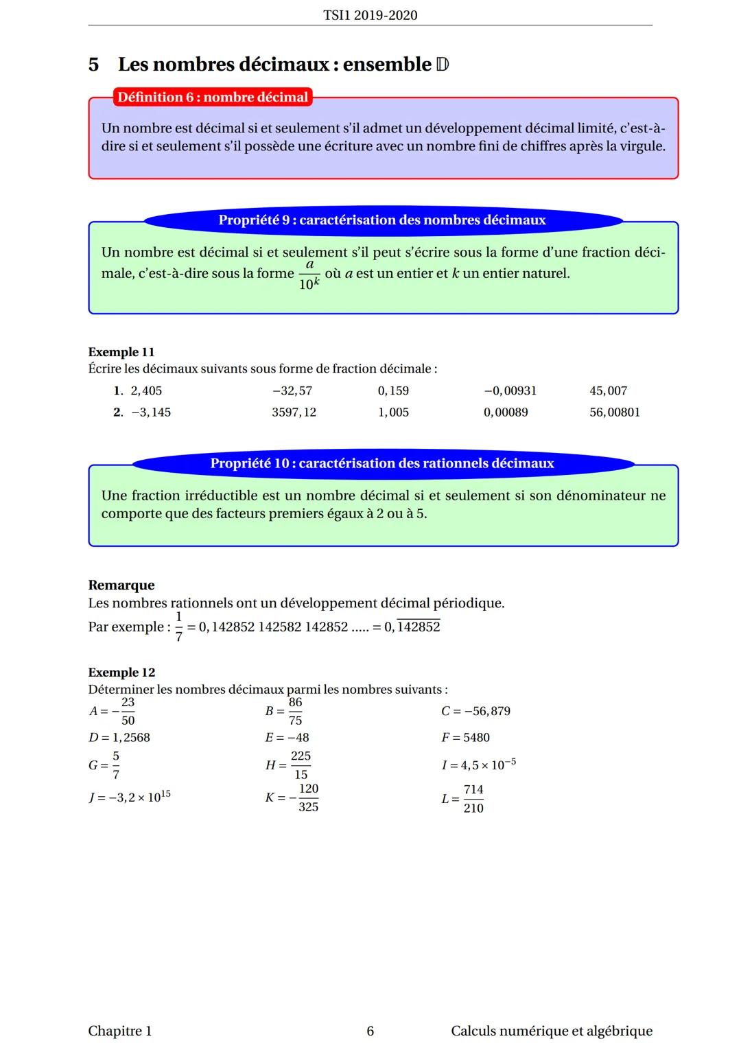 TSI1 2019-2020
Chapitre 1 : Calculs numérique et algébrique
1 Les ensembles de nombres