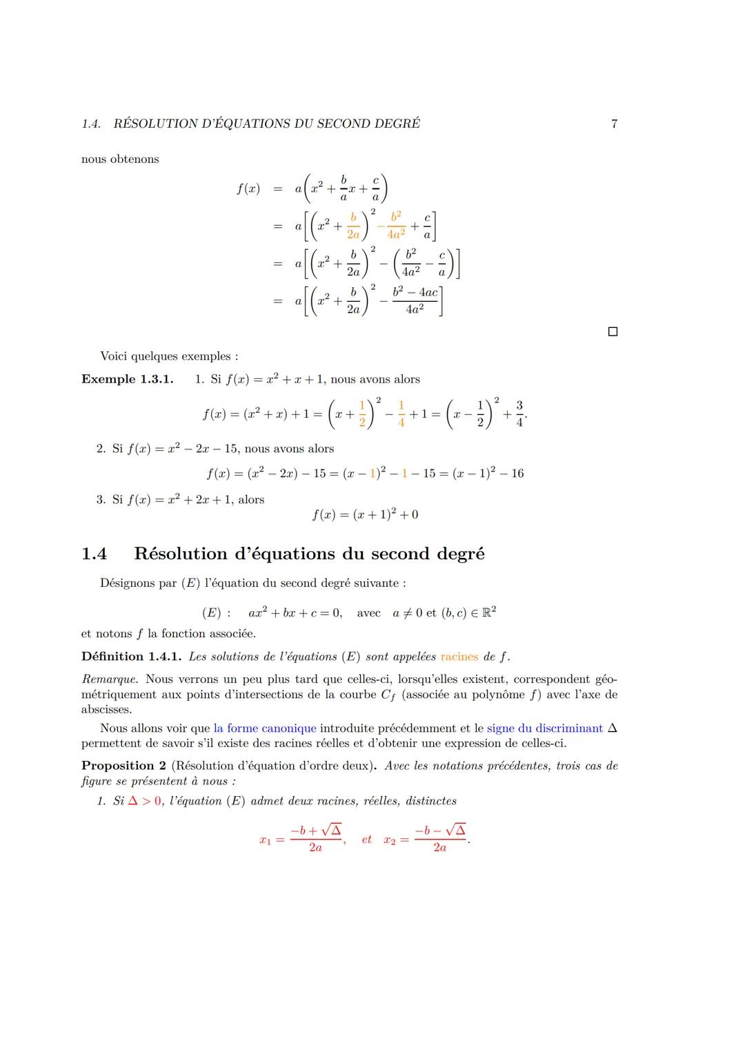 # Chapitre 1
# Second degré
## 1.1 Introduction
Définition 1.1.1. Une fonction polynomiale de degré deux (ou trinôme du second degré) est