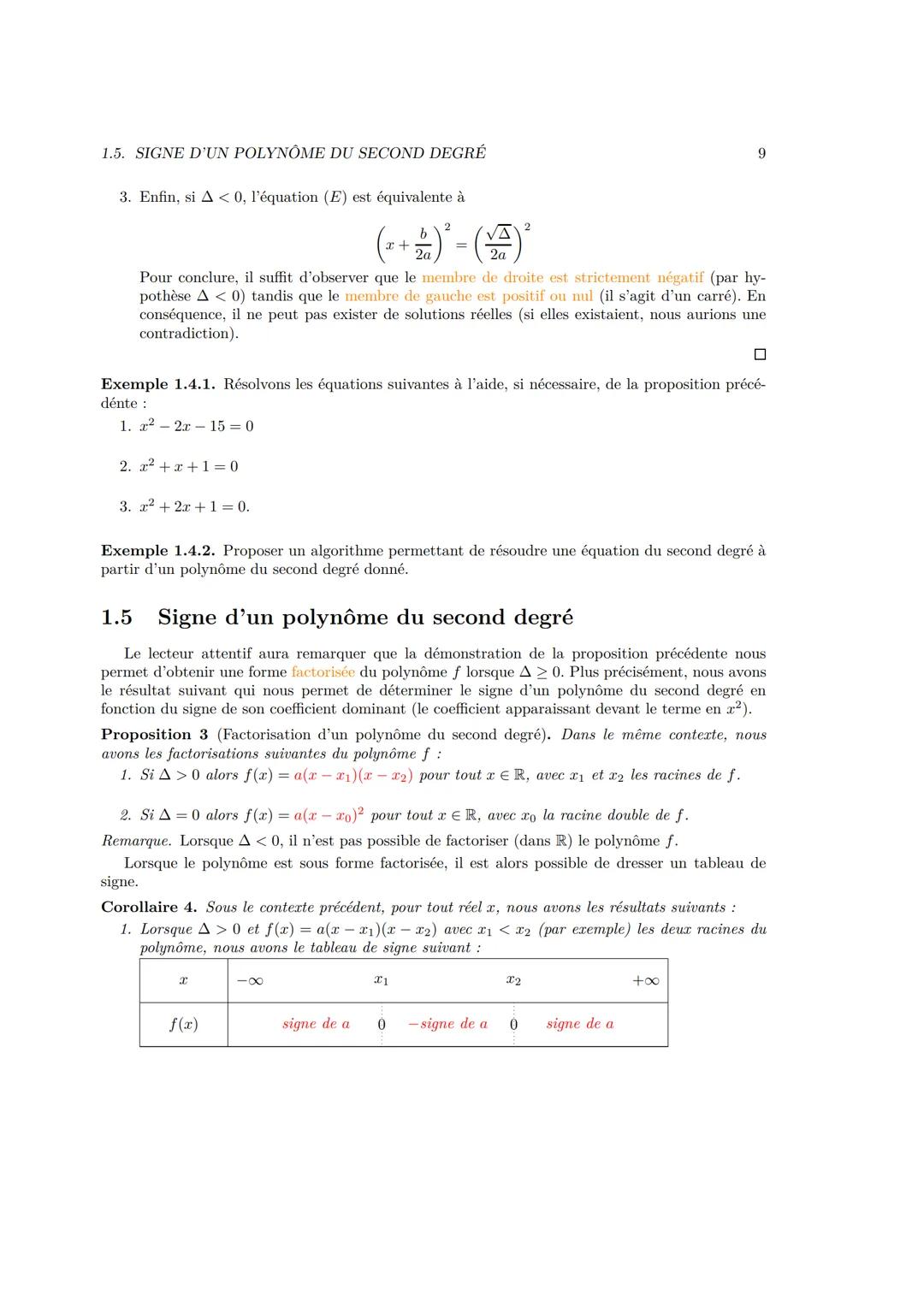 # Chapitre 1
# Second degré
## 1.1 Introduction
Définition 1.1.1. Une fonction polynomiale de degré deux (ou trinôme du second degré) est