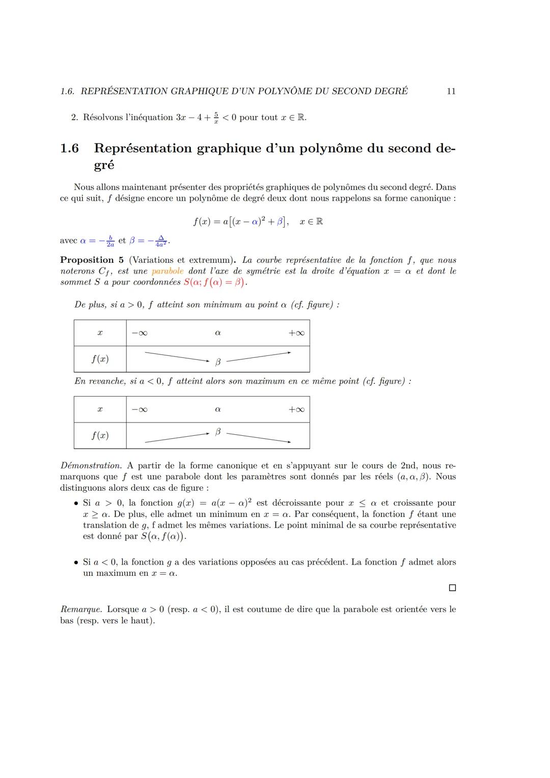 # Chapitre 1
# Second degré
## 1.1 Introduction
Définition 1.1.1. Une fonction polynomiale de degré deux (ou trinôme du second degré) est