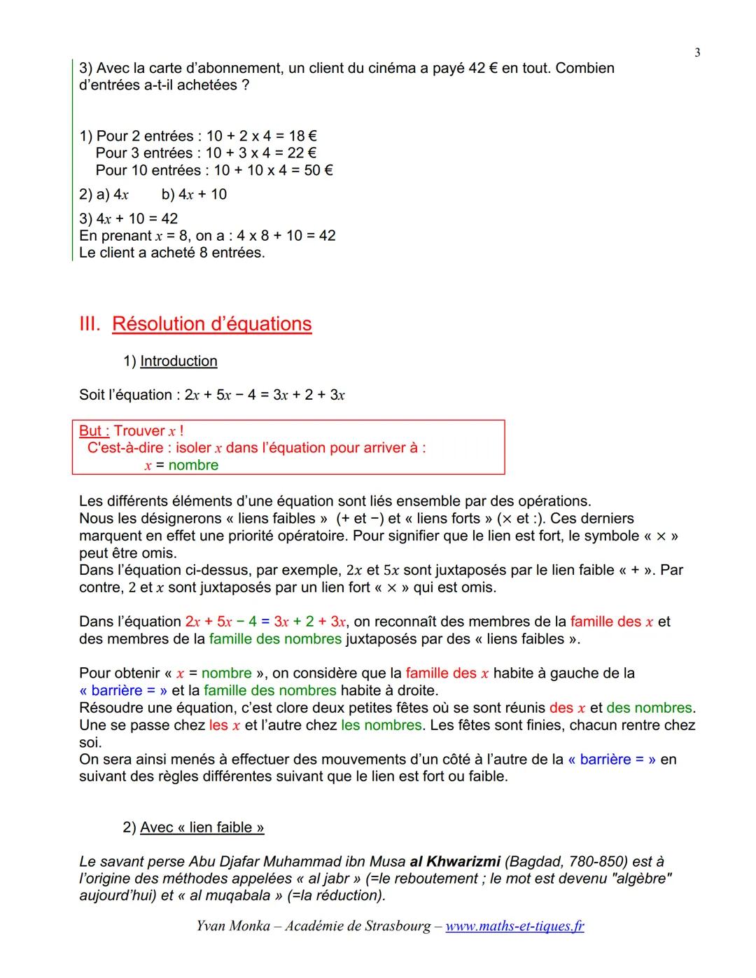 ÉQUATIONS, INÉQUATIONS
I. Notion d'équation
1) Vocabulaire
INCONNUE :
C'est une lettre qui désigne un nombre qu'on ne connaît pas.
EGALITE O