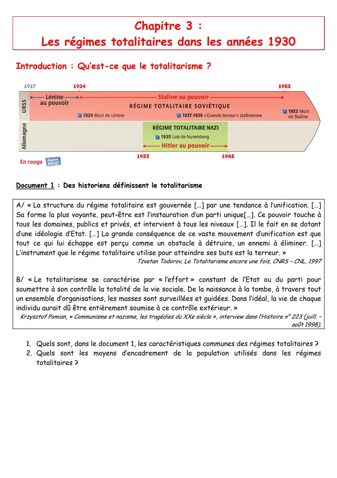 # Chapitre 3:
Les régimes totalitaires dans les années 1930
Introduction: Qu'est-ce que le totalitarisme ?
1917
1924
Lénine
au pouvoir