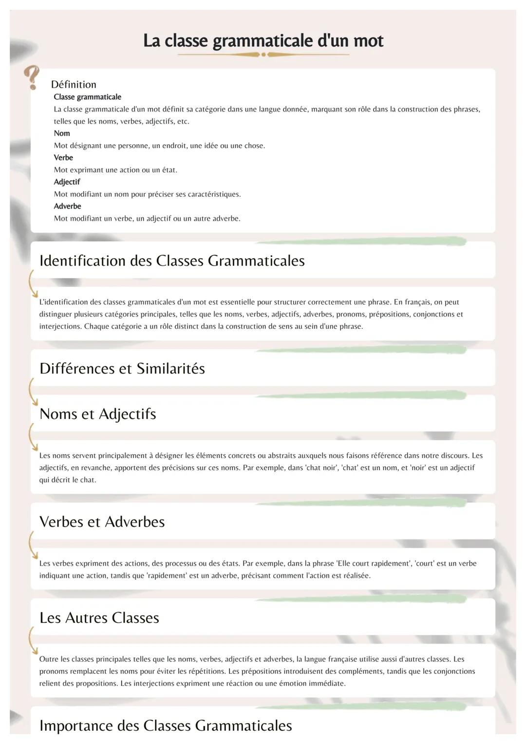 La classe grammaticale d'un mot
Définition
Classe grammaticale
La classe grammaticale d'un mot définit sa catégorie dans une langue donnée,