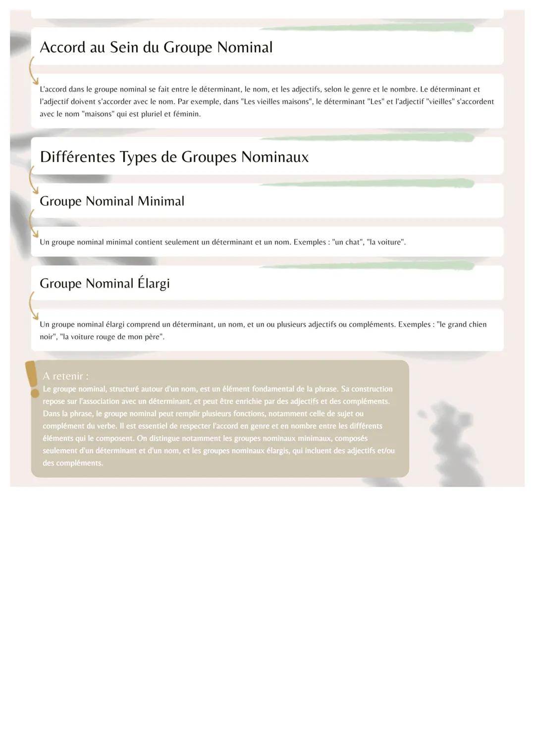 Définitions
Le groupe nominal
Définition
Groupe Nominal (GN)
Le groupe nominal est un ensemble de mots constitués autour d'un nom et qui fon