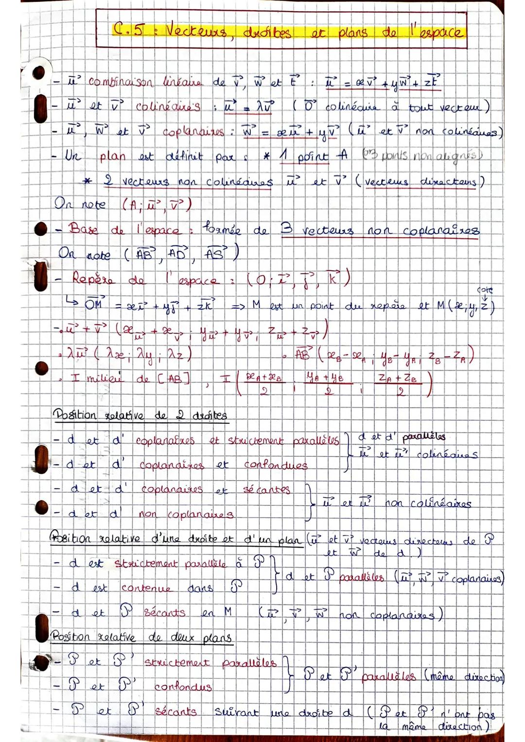 ப
C.5 Vecteurs, droibes.
et plans de l'espace
to combinaison linéaire de t, wet E
it et v colinéaire's : u'
=
入D
u, W° et coplanaires : W
Un