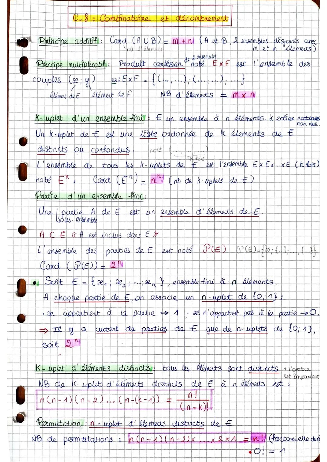 C. 8: Combinatoire et dénombrement
Principe additif: Card (AUB) = m + n (A et B 2 ensembles disjoints arec
met n elements)
de
2 ensembles
Pr