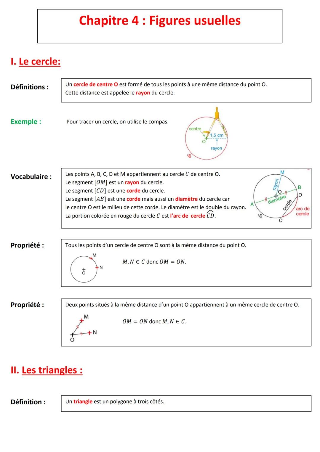 # Chapitre 4 : Figures usuelles
I. Le cercle:
Définitions:
Un cercle de centre O est formé de tous les points à une même distance du poin