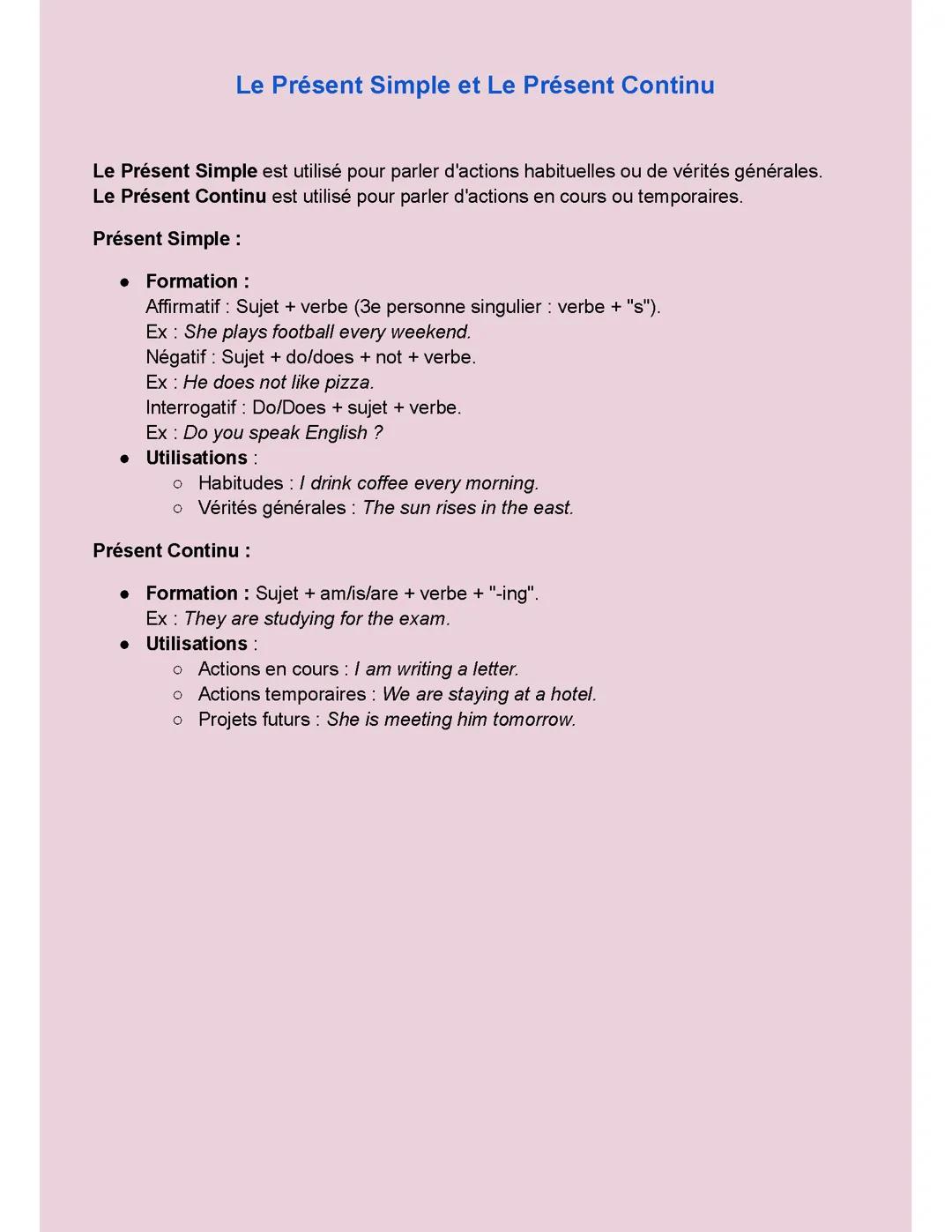 Le présent simple et le présent continu