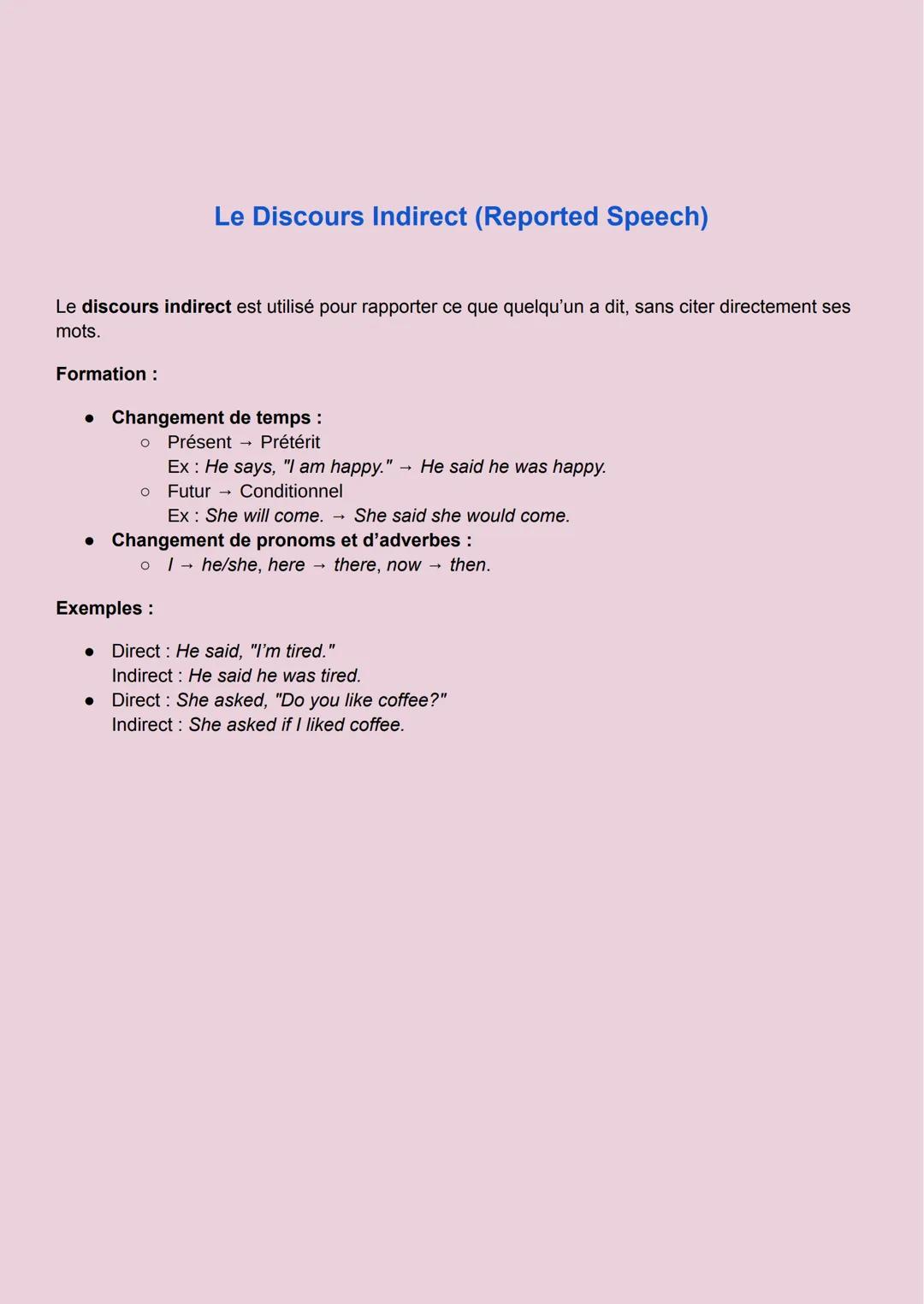 # Le Discours Indirect (Reported Speech)
Le discours indirect est utilisé pour rapporter ce que quelqu'un a dit, sans citer directement ses
