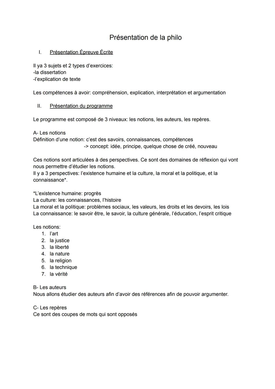 Présentation de la philo
I. Présentation Épreuve Écrite
Il ya 3 sujets et 2 types d'exercices:
-la dissertation
-l'explication de texte
Les