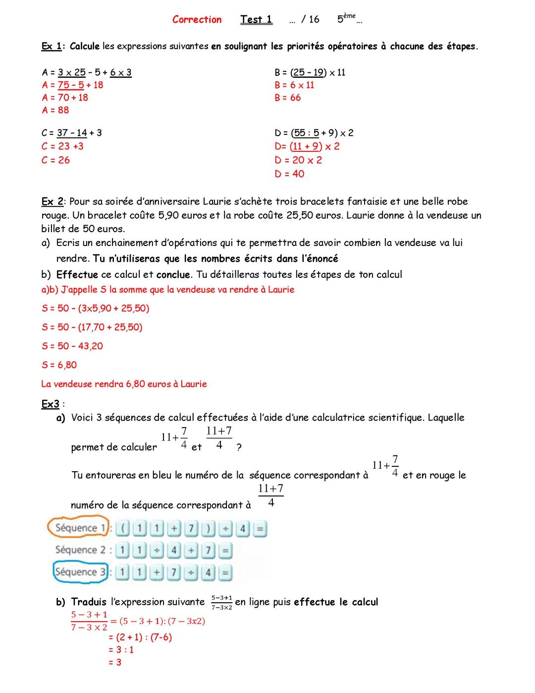 Une correction de fiche 5eme en math
