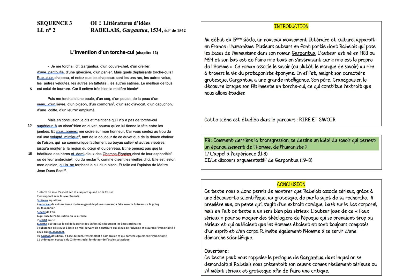 SEQUENCE 3
LL n° 2
OI: Littératures d'idées
RABELAIS, Gargantua, 1534, édº de 1542
L'invention d'un torche-cul (chapitre 13)
- Je me torch